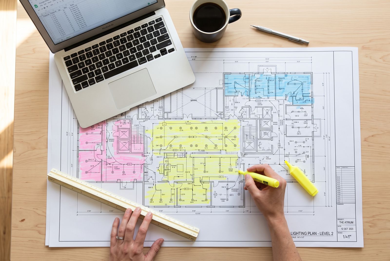 Lighting plan on a desk seen from above, zones highlighted in yellow, pink and blue, a scale ruler and a laptop spreadsheet beside it