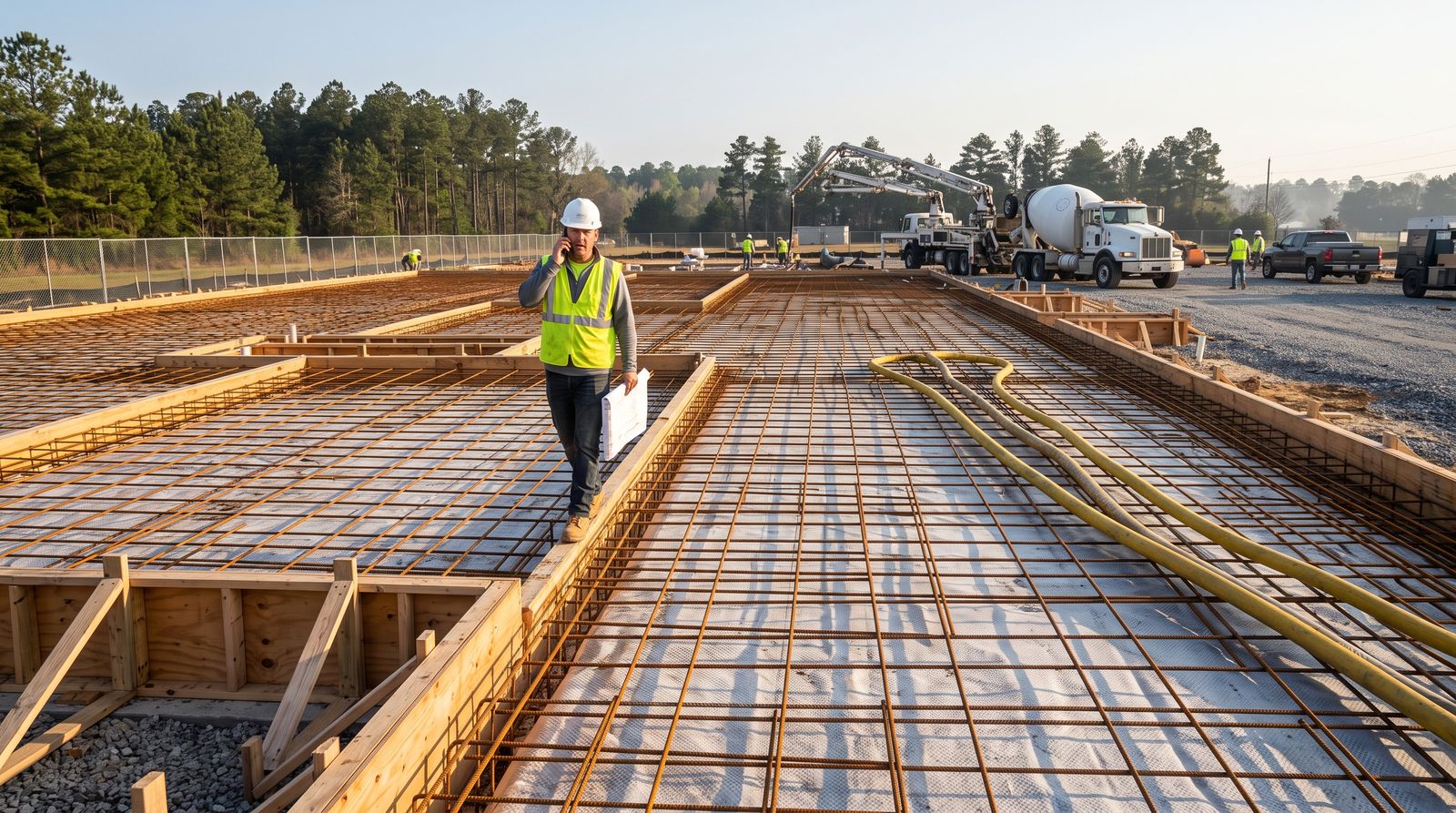 Superintendent in a hi-vis vest walking the formwork over a rebar grid at sunrise, concrete truck waiting at the far edge