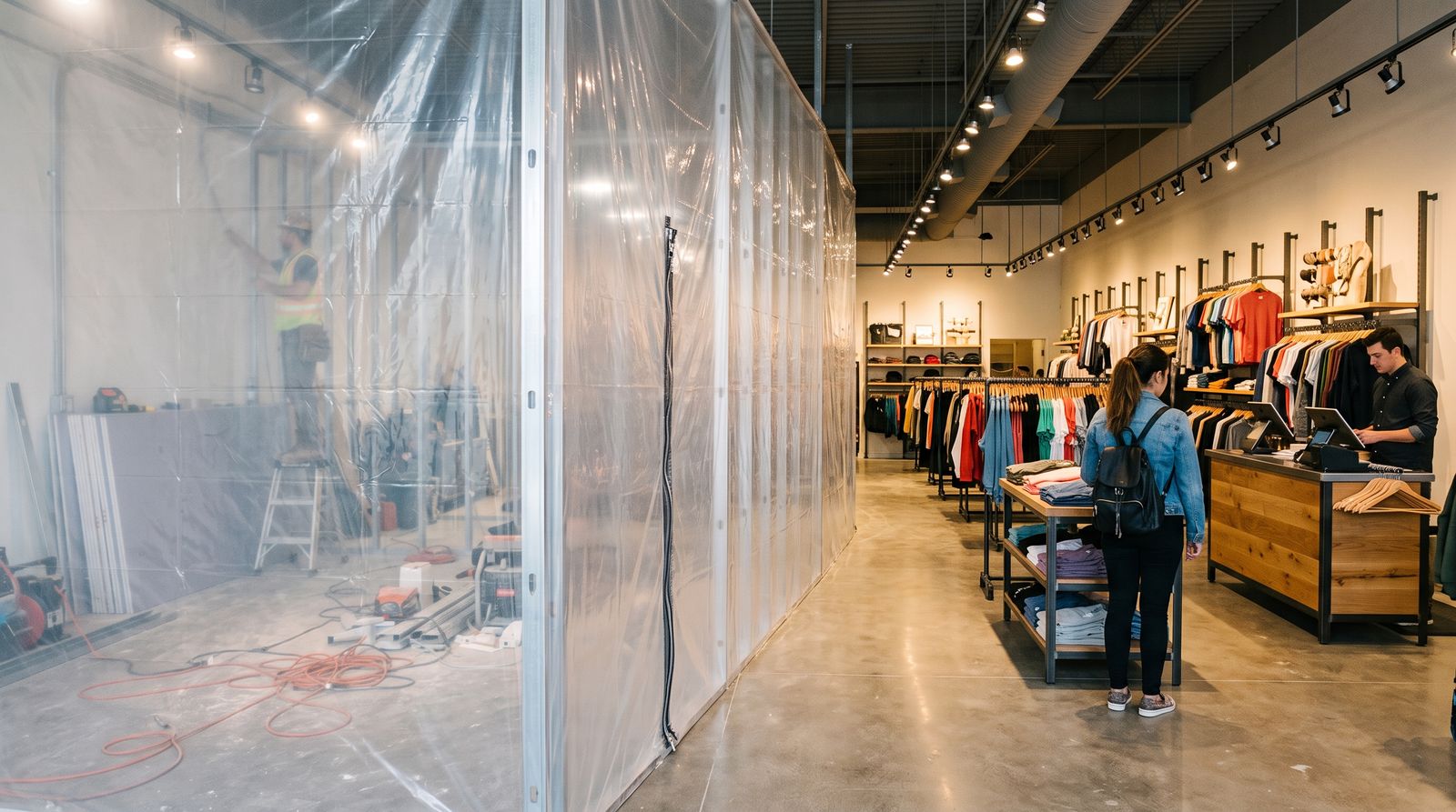 Retail store open for business on the right, with a zippered plastic dust wall dividing it from framing and conduit work on the left