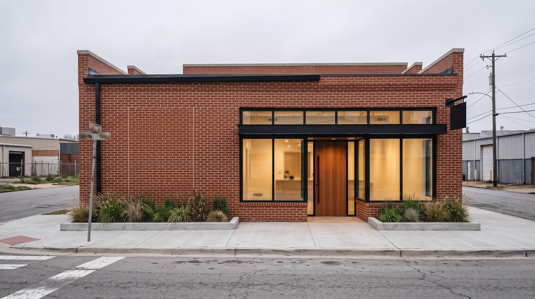 The same building after renovation: clean brick, black-framed storefront glass, wood entry, steel canopy, planter with grasses