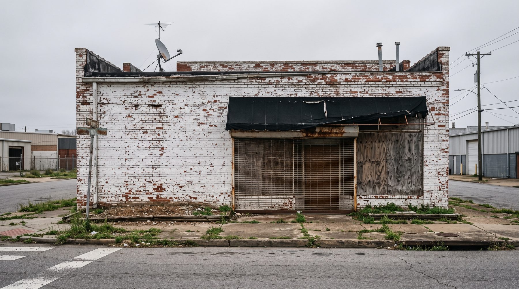 One-story brick corner building before renovation: peeling white paint, boarded storefront, rusted security gate, sagging awning