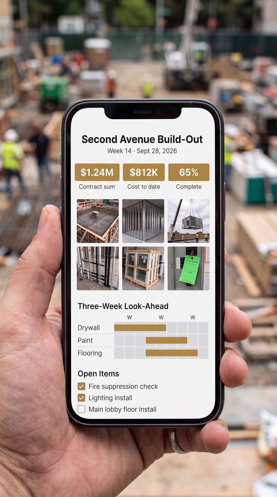 Phone screen showing a weekly owner report: contract sum, cost to date, percent complete, six site photos, a three-week look-ahead and open items
