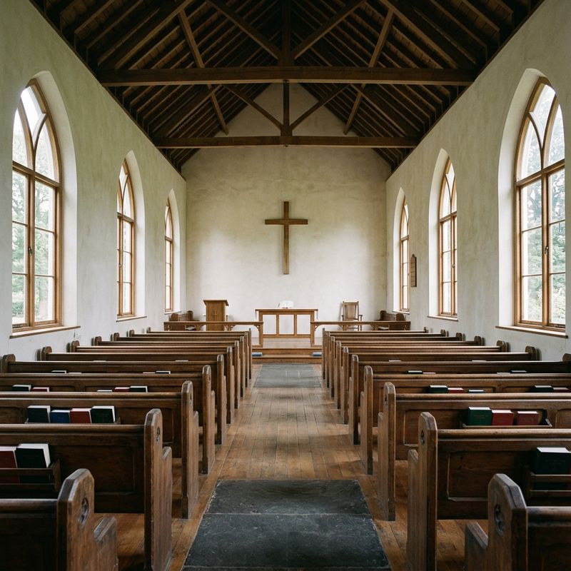 Sanctuary from the back pew, center aisle to a platform with a wooden cross
