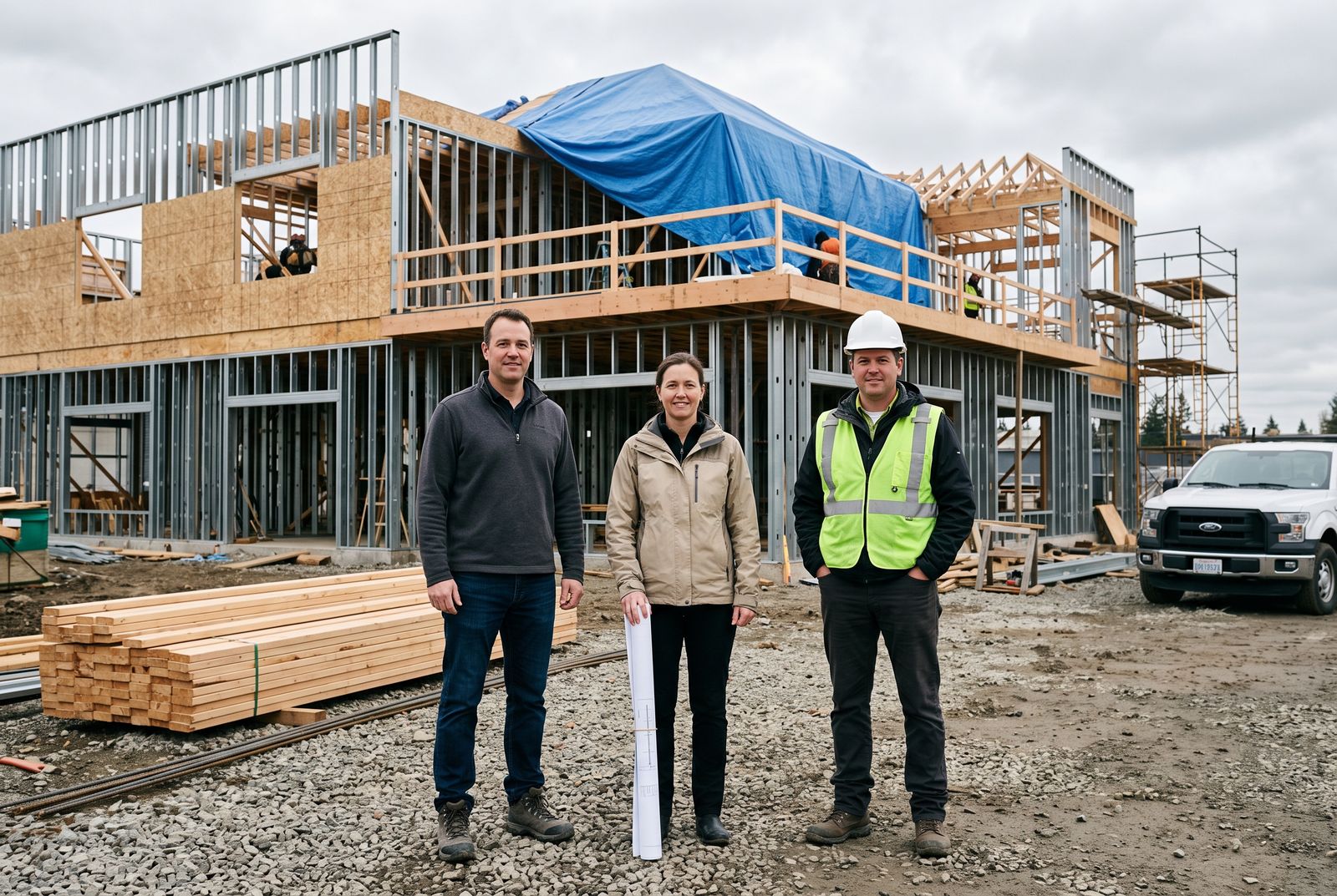 Three people standing in front of a building at framing stage: principal, architect holding rolled drawings, superintendent in hi-vis vest and hard hat